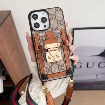 GG iPhone Case With Wallet And Strap Brown -TDK240330-GTOCASE
