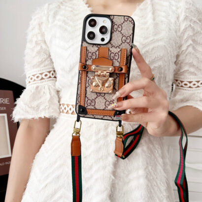 GG iPhone Case With Wallet And Strap Brown -TDK240330-GTOCASE