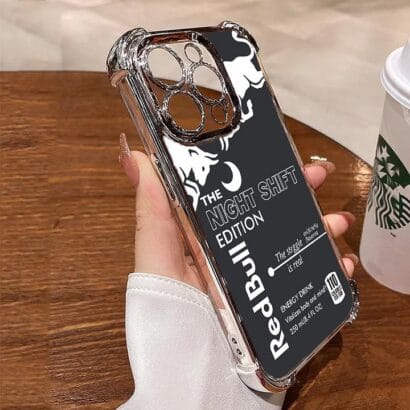 MIL-STD-810G tested shockproof phone case featuring bold Red Bull design for iPhone 15/14/13, with air cushion corners & perfect button alignment