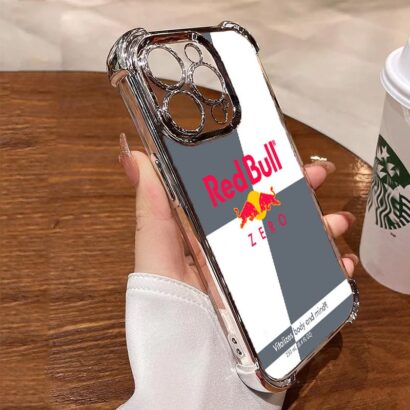 Trendy grey white Red Bull iPhone 15 Pro Max case, exclusive design with military-grade shockproof technology, stylish protective cover