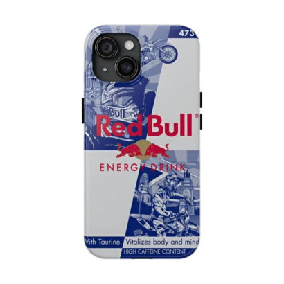 Stylish Red Bull themed phone case for iPhone 14/13/12, featuring shock-absorbing dual-layer construction and precise cutouts for full functionality