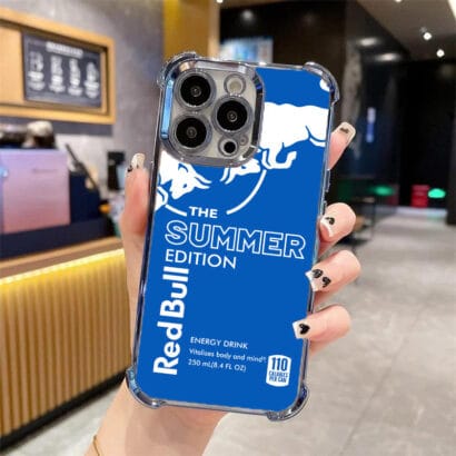 Stylish Red Bull protective case for iPhone 14 Pro Max with 4-corner airbag technology, fade-resistant colors and precise fit