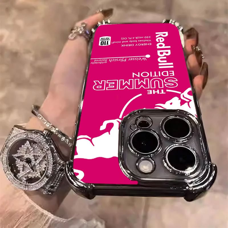 Eye-catching rose red shockproof phone case for iPhone 15 Pro Max with Red Bull design and 6ft drop protection