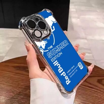 Durable shockproof iPhone 15 Pro case featuring Red Bull design, high-resolution UV printing, and raised bezels for screen protection