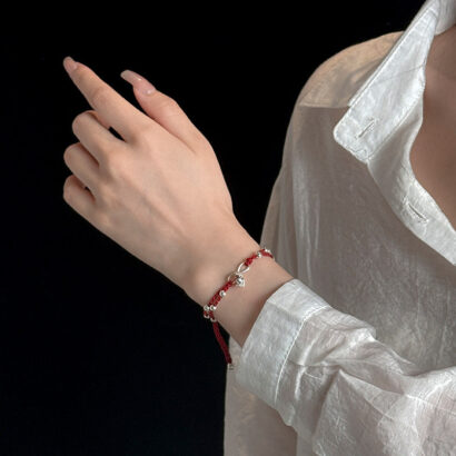 Sacred Tibetan red string bracelet with silver fox charm, tantric soulmate attraction jewelry, adjustable for wrist or ankle