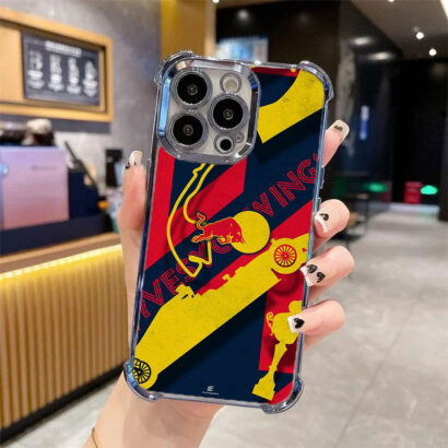 Tri-color Red Bull design phone case for iPhone Pro Max models - military-grade protection with full button/port access and shock absorption