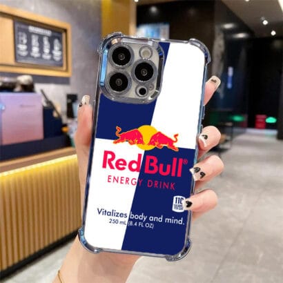 Durable Red Bull themed phone case for iPhone 16 Pro Max, featuring 4-corner air cushion technology and precise fit for Samsung & Google models