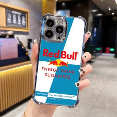 Durable iPhone 15 Pro Max case featuring unique Red Bull pattern and 4-corner air cushion drop protection