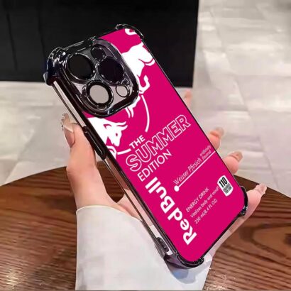 Vibrant rose red Red Bull phone case with military-grade protection for iPhone 15 Pro Max, shockproof cover with bold design