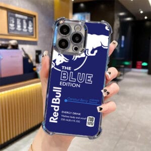 Blue Red Bull shockproof phone case with air cushion corners for iPhone 15 Pro Max, trendy sporty design, best iphone 15 pro max case for protection