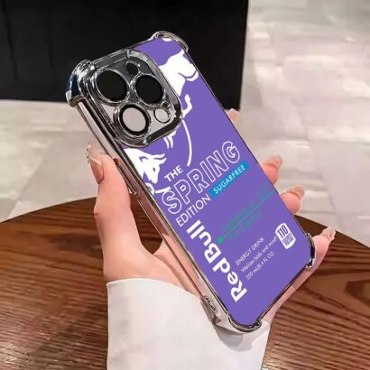 Military-grade shockproof purple Red Bull phone case for iPhone 15 Pro Max with 10ft drop protection and vibrant design